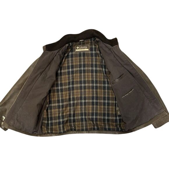 Vintage Columbia Heavy Leather Coat Jacket Mens L Brown Plaid Lining Zip Front - Picture 3 of 11